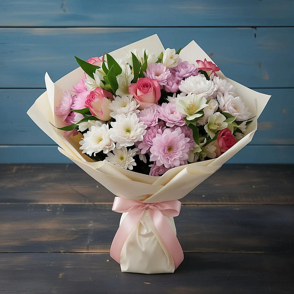 Букет цветов из: Хризантемы, Альстромерии и Розы в Полтавке